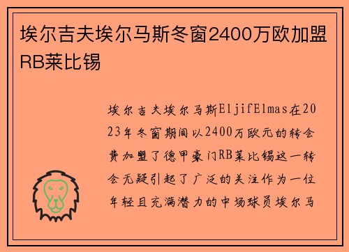埃尔吉夫埃尔马斯冬窗2400万欧加盟RB莱比锡