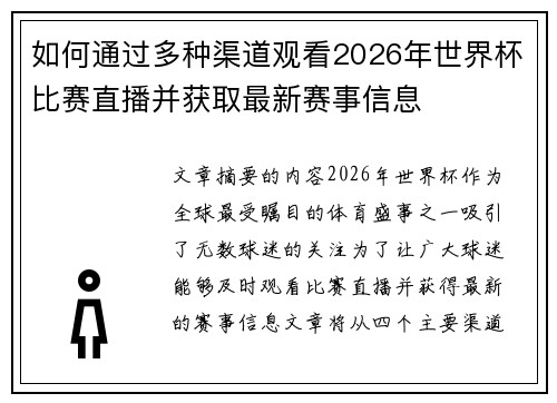 如何通过多种渠道观看2026年世界杯比赛直播并获取最新赛事信息 如何通过多种渠道观看2026年世界杯比赛直播并获取最新赛事信息